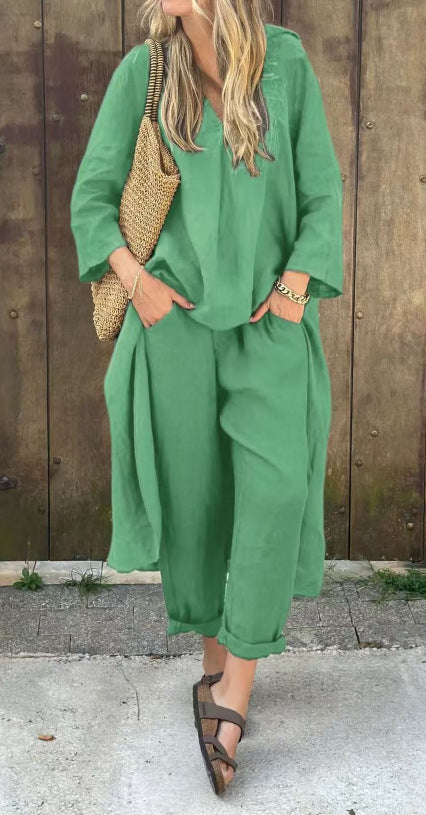 Ensemble 2 pièces décontracté - Col en V avec poches - Coupe ample unie