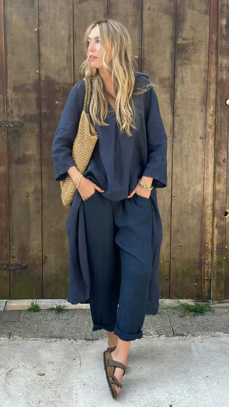 Ensemble 2 pièces décontracté - Col en V avec poches - Coupe ample unie