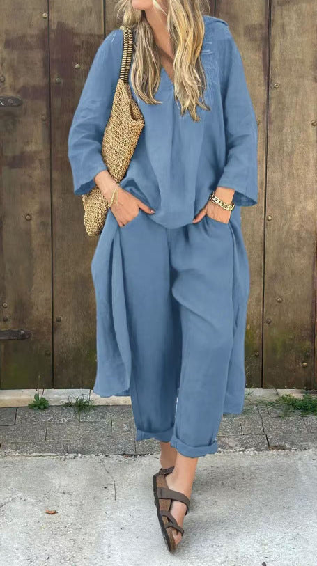Ensemble 2 pièces décontracté - Col en V avec poches - Coupe ample unie