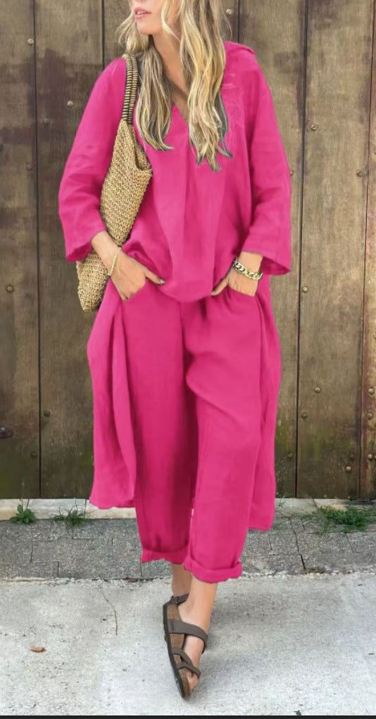Ensemble 2 pièces décontracté - Col en V avec poches - Coupe ample unie